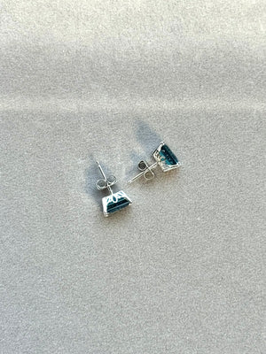 AAA London Blue Topaz Stud Earrings 1.78 Ct Emerald Cut 7x5 mm, Platinum Scroll Setting