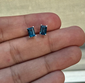 AAA London Blue Topaz Stud Earrings 1.78 Ct Emerald Cut 7x5 mm, Platinum Scroll Setting