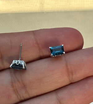 AAA London Blue Topaz Stud Earrings 1.78 Ct Emerald Cut 7x5 mm, Platinum Scroll Setting