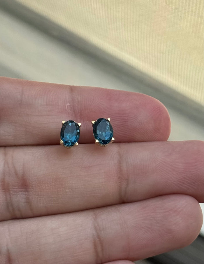 1.84–2.53 Ct AAA Oval London Blue Topaz Scroll Stud Earrings | 14K Yellow Gold Elegant Jewelry