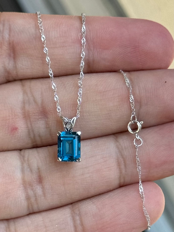London Blue Topaz Pendant 14K White Gold • 8x6mm Emerald Cut Solitaire Necklace • AAA Gemstone Scroll Design 1.48-1.96 Carats