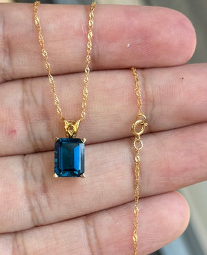Emerald Cut London Blue Topaz Pendant 9x7mm AAA 2.55-3.46 Ct in 14K Yellow Gold with 18 Inch Chain – Solitaire Scroll Design