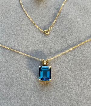 London Blue Topaz Pendant 14K Yellow Gold • 12x10mm Emerald Cut Solitaire Necklace • AAA Gemstone Scroll Design 6.59-7.99 Cts