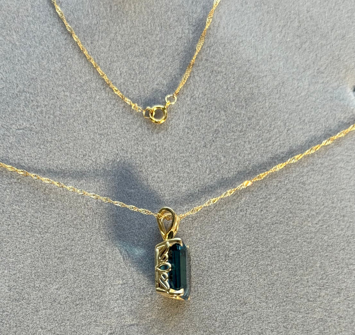 London Blue Topaz Pendant 14K Yellow Gold • 12x10mm Emerald Cut Solitaire Necklace • AAA Gemstone Scroll Design 6.59-7.99 Cts