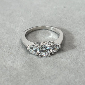 Cubic Zirconia Three Stone Ring in 14K White Gold – Round Solitaire Wedding Ring, Engagement Jewelry, Anniversary Gift for Her