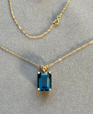 London Blue Topaz Pendant, Emerald Cut Blue Topaz Necklace, 14K Yellow Gold Topaz Pendant, Solitaire Blue Topaz Jewelry