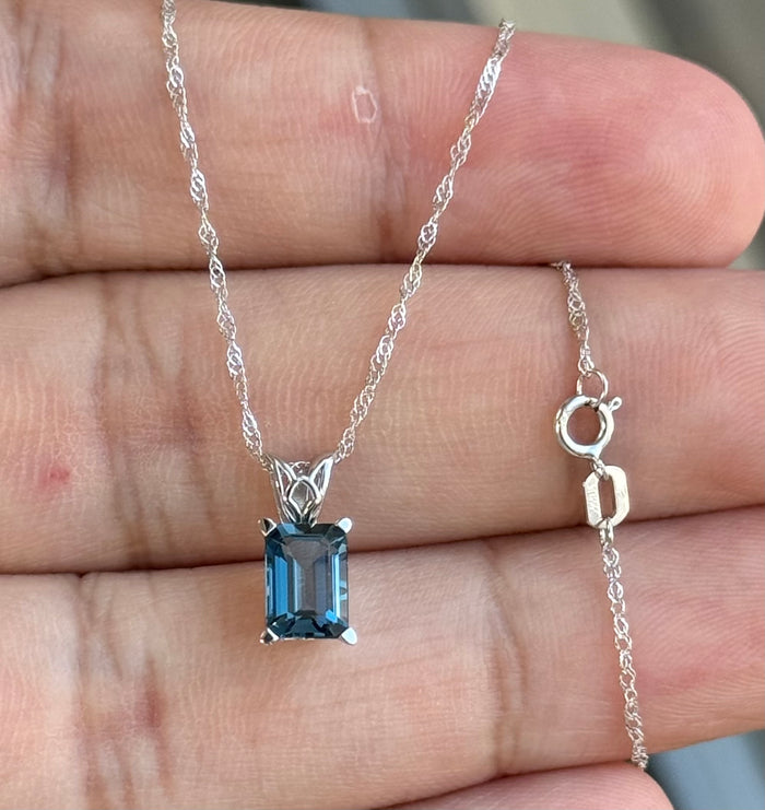 London Blue Topaz Pendant, Emerald Cut Blue Topaz Necklace, Solitaire Topaz Pendant in 18K White Gold, December Birthstone Jewelry