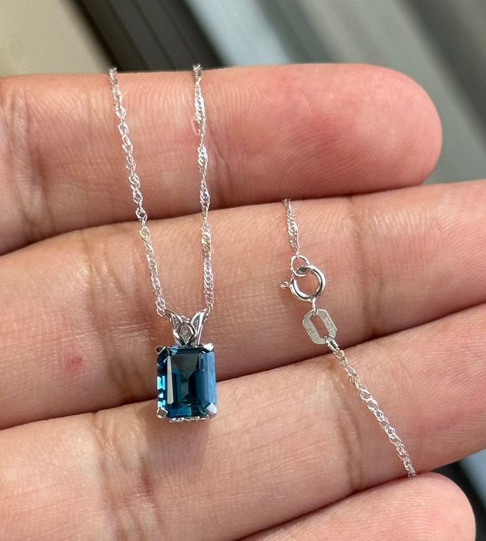London Blue Topaz Pendant 1.57-2.13Ct Emerald Cut 8x6mm | AAA Solitaire Necklace | 18K White Gold Scroll Pendant with Chain
