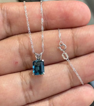 London Blue Topaz Pendant 1.57-2.13Ct Emerald Cut 8x6mm | AAA Solitaire Necklace | 18K White Gold Scroll Pendant with Chain