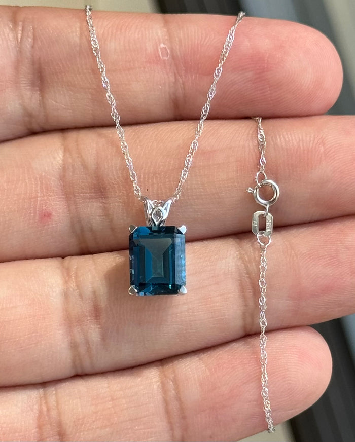 London Blue Topaz Pendant 3.24Ct Emerald Cut 10x8mm | AAA Solitaire Necklace | 18K White Gold Scroll Design with Chain