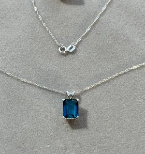 London Blue Topaz Pendant 18K White Gold • 9x7mm Emerald Cut Solitaire Necklace • AAA Gemstone Scroll Design 2.23 Cts