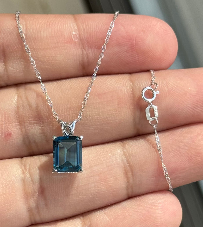 London Blue Topaz Pendant 18K White Gold • 9x7mm Emerald Cut Solitaire Necklace • AAA Gemstone Scroll Design 2.23 Cts
