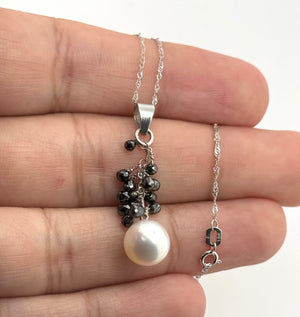 9–9.5 mm Freshwater Pearl & Black Diamond Necklace | 18K White Gold Briolette Diamond Pendant