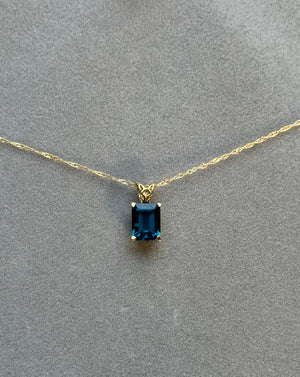 London Blue Topaz Pendant, Emerald Cut Blue Topaz Necklace, 18K Yellow Gold Pendant, Solitaire Topaz Necklace