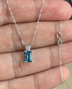 AAA London Blue Topaz Emerald Cut Pendant 7x5mm, 1.04-1.35ct Solitaire Necklace in Platinum with 18K White Gold Chain