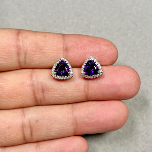 amethyst diamond earrings 14k white gold trillion cut prong setting vintage style jewelry