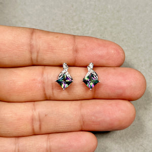 mystic fire topaz earrings in 14K white gold with diamond accents, colorful gemstone stud jewelry