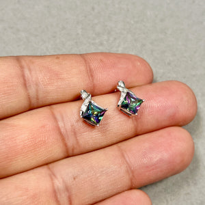 Mystic Fire Topaz Earrings | 14K White Gold Diamond Accent Studs — Colorful Statement Gift for Her