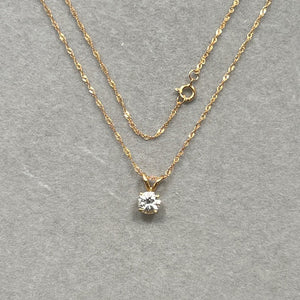White Sapphire Solitaire Pendant, 14K Yellow Gold, Singapore Chain