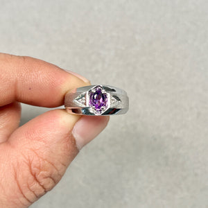 Amethyst Mens Ring | Silver Oval Gemstone Ring — AAA Purple Stone with Diamond Accent Ring Size 7