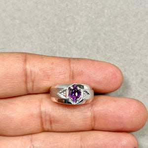 Amethyst Mens Ring | Silver Oval Gemstone Ring — AAA Purple Stone with Diamond Accent Ring Size 7
