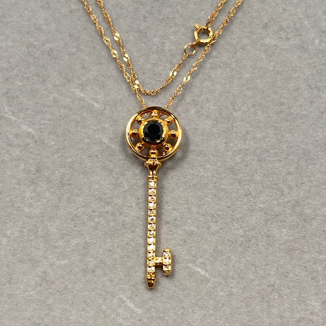 0.55 Cts Black & White Diamond Key Pendant in 14K Yellow Gold – Elegant Diamond Key Necklace, Symbolic Fine Jewelry Gift for Her