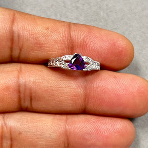 0.04 Cts Diamond & 0.67 Cts Amethyst Ring in 14K White Gold | Genuine Amethyst Birthstone Ring, February Diamond Ring for Women Size 6.5