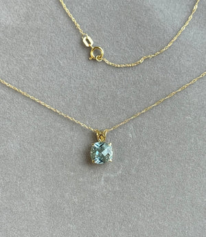1.85–2.30 Ct AAA Cushion Checker Aquamarine Pendant Necklace – 8mm Scroll Design in 18K Yellow Gold – March Birthstone Jewelry Gift for Her