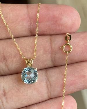 1.85–2.30 Ct AAA Cushion Checker Aquamarine Pendant Necklace – 8mm Scroll Design in 18K Yellow Gold – March Birthstone Jewelry Gift for Her