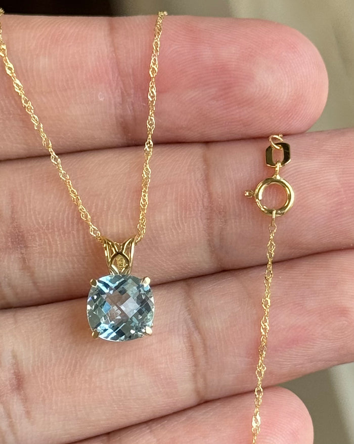 1.85–2.30 Ct AAA Cushion Checker Aquamarine Pendant Necklace – 8mm Scroll Design in 18K Yellow Gold – March Birthstone Jewelry Gift for Her