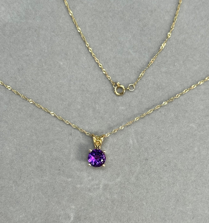 0.60-0.90 Ct AAA Round Amethyst Pendant Necklace in 14K Yellow Gold – February Birthstone Scroll Solitaire Jewelry, Gift for Her