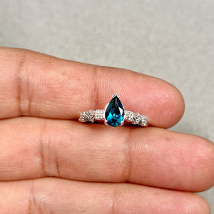 London Blue Topaz Ring | 14K White Gold Pear Cut — 1 Ct Gemstone Diamond Accent Ring Size 7