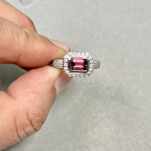 Pink Tourmaline Diamond Ring | 14K White Gold Emerald Cut — 0.95 Ct Gemstone Halo Ring Size 7