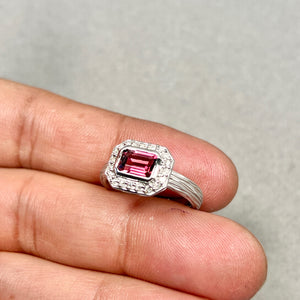 Pink Tourmaline Diamond Ring | 14K White Gold Emerald Cut — 0.95 Ct Gemstone Halo Ring Size 7