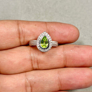 Peridot Diamond Ring | 14K White Gold Pear Cut — 0.76 Ct Green Gemstone Halo Ring Size 7