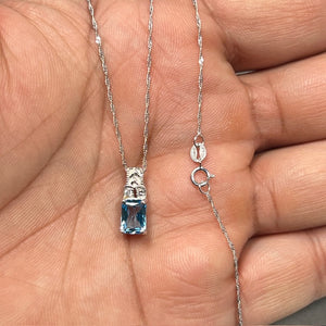 0.04 Cts Diamond & 1.21 Cts Swiss Blue Topaz Pendant in 14K White Gold | Natural Blue Topaz Necklace, December Birthstone Dainty Jewelry