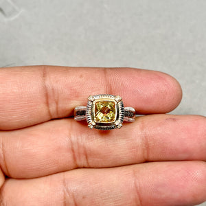 Yellow Beryl Diamond Ring | 14K Gold & Silver Cushion Cut — 1.15–1.40 Ct Gemstone Statement Ring Size 7