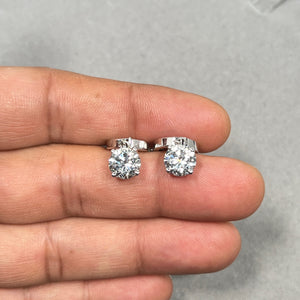 8.2 mm round AA cubic zirconia stud earrings in 14K white gold with rhodium finish, prong-set transparent white stones and secure dangle lever backs, elegant drop style fine jewellery for women with brilliant sparkle and graceful movement. 