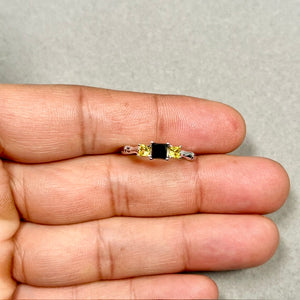 Black Diamond Yellow Sapphire Ring | 14K White Gold Princess Cut — Two Tone Gemstone Ring Size 6.5