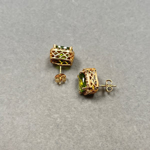 Peridot Cushion Stud Earrings: Diamond Halo, 14K Yellow Gold