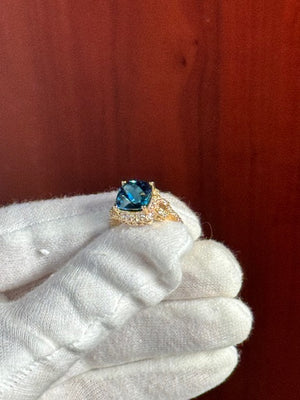 0.50 Ct Diamond and 4.01 Ct London Blue Topaz Ring – Cushion Cut Blue Topaz & Diamond Cocktail Ring in 14K Yellow Gold Size 6.5