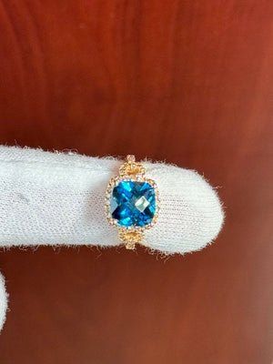 0.50 Ct Diamond and 4.01 Ct London Blue Topaz Ring – Cushion Cut Blue Topaz & Diamond Cocktail Ring in 14K Yellow Gold Size 6.5