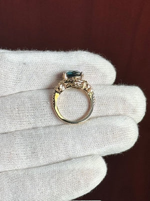 0.50 Ct Diamond and 4.01 Ct London Blue Topaz Ring – Cushion Cut Blue Topaz & Diamond Cocktail Ring in 14K Yellow Gold Size 6.5