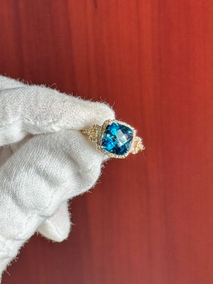 0.50 Ct Diamond and 4.01 Ct London Blue Topaz Ring – Cushion Cut Blue Topaz & Diamond Cocktail Ring in 14K Yellow Gold Size 6.5