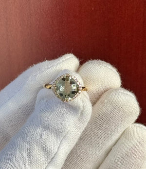 Green Amethyst Ring 2.99 Ct with 0.14 Ct Diamond in 14K Yellow Gold | Emerald Cut Amethyst Diamond Ring | February Birthstone l Size 6.5