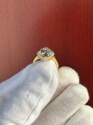 Green Amethyst Ring 2.99 Ct with 0.14 Ct Diamond in 14K Yellow Gold | Emerald Cut Amethyst Diamond Ring | February Birthstone l Size 6.5