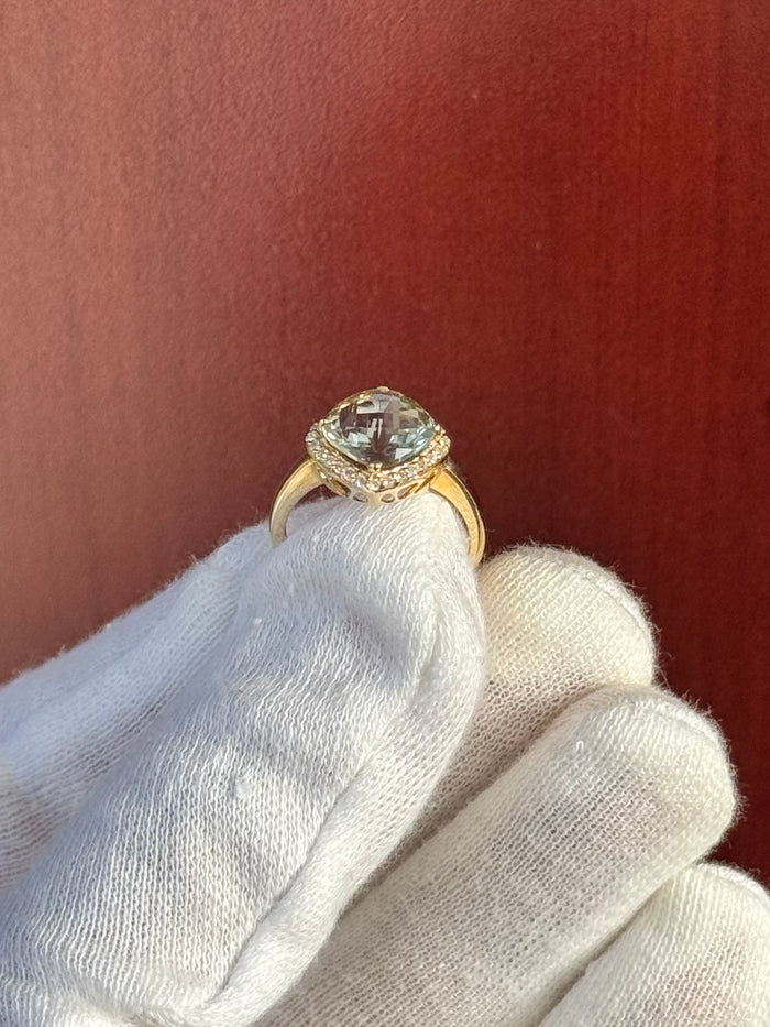 Green Amethyst Ring 2.99 Ct with 0.14 Ct Diamond in 14K Yellow Gold | Emerald Cut Amethyst Diamond Ring | February Birthstone l Size 6.5