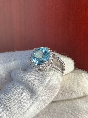 Sky Blue Topaz and Diamond Ring 14K White Gold – 4.01 Ct Cushion Cut Topaz with 0.52 Ct Diamond Halo – Cocktail Ring - Size 3.5