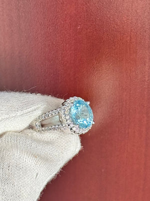 Sky Blue Topaz and Diamond Ring 14K White Gold – 4.01 Ct Cushion Cut Topaz with 0.52 Ct Diamond Halo – Cocktail Ring - Size 3.5
