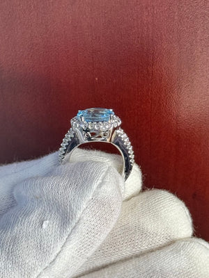 Sky Blue Topaz and Diamond Ring 14K White Gold – 4.01 Ct Cushion Cut Topaz with 0.52 Ct Diamond Halo – Cocktail Ring - Size 3.5